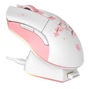 DAREU Sakura Pink Wireless Gaming Mouse Charging Dock Rechargeable RGB 12K DPI